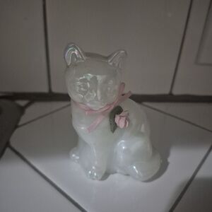 Iridescent Cat Figurine with Pink Ribbon